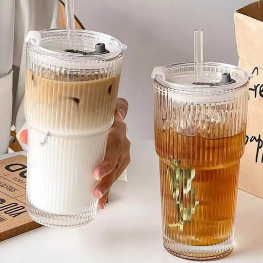 600ML Striped Glass Coffee Cup, Glass with Straw and Lid, for Water Coffee Tea, Clear Drinkware
