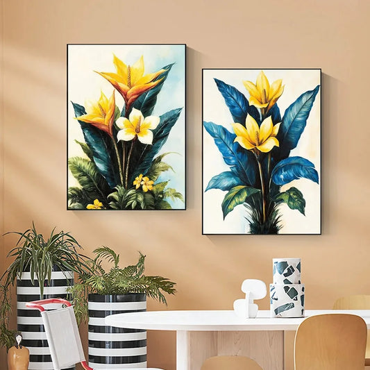 Tropical Plants Green Plants Golden Petals Aesthetic Posters Prints Modern Home Minimalist Style Decorative Art Canvas Painting