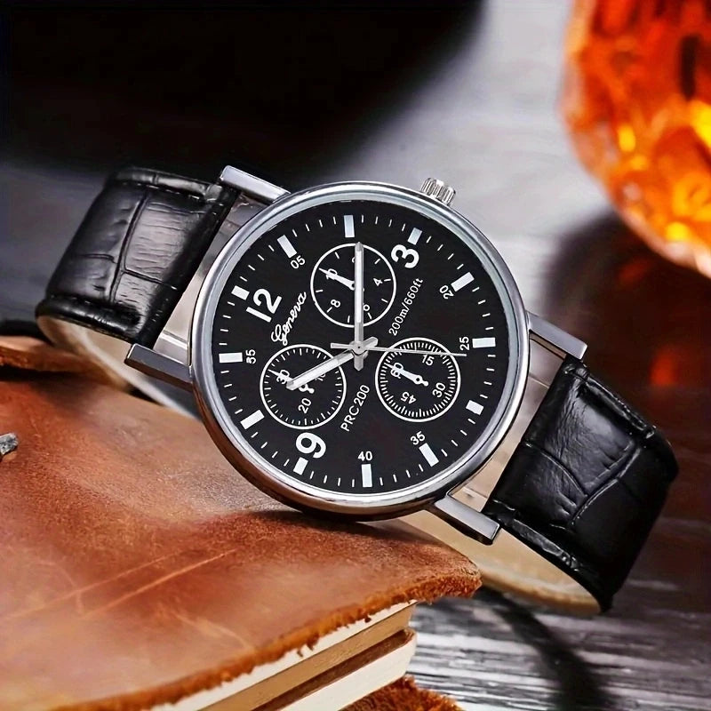 Casual men's quartz watch, fashionable business PU leather watch bracelet combination, suitable for daily use or gift gifts