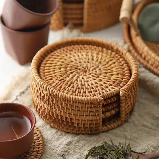 Coasters Tea Accessories Round Tableware Placemat Dish Mat Rattan Weave Cup Heat Insulation Mat Pad Diameter 8Cm