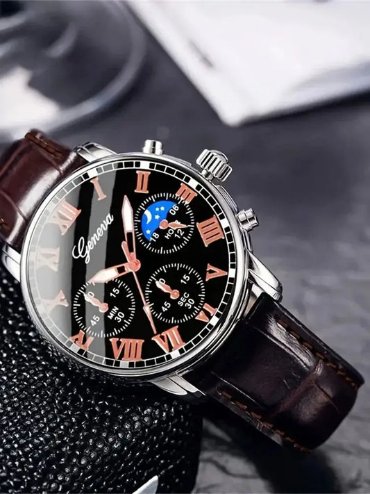 Casual men's quartz watch, fashionable business PU leather watch bracelet combination, suitable for daily use or gift gifts