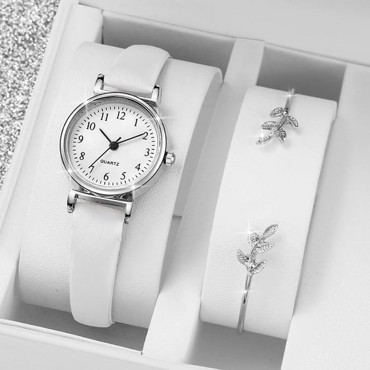 2PCS/Set Fashion Small Arabic Dial Women's Watch Casual Leather Band Quartz Watches Bracelet Set（Without Box）